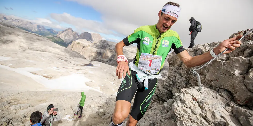 Tadei Pivk leads at the summit of Piz Boè at Dolomites 2016