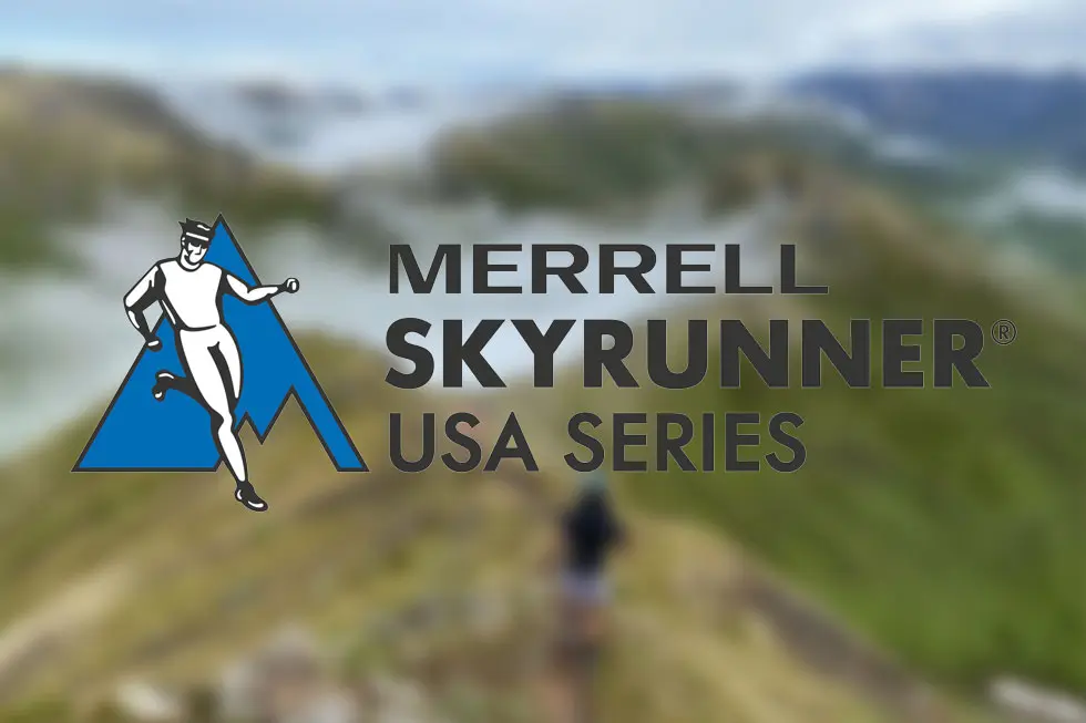 Skyrunner racing on a steep mountain ridge in the United States